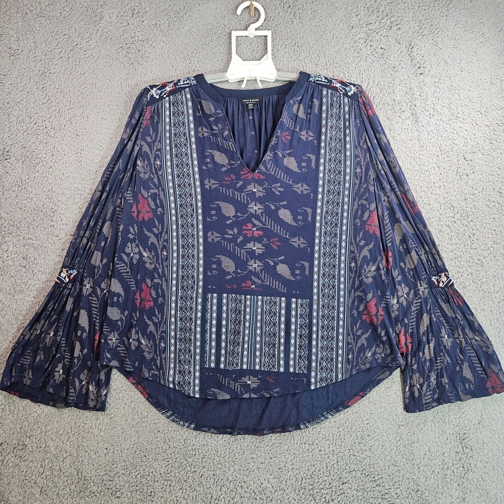 Lucky Brand Top Blouse Women Medium Geomtric Print Long‎ Sleeve Blue Gray - M